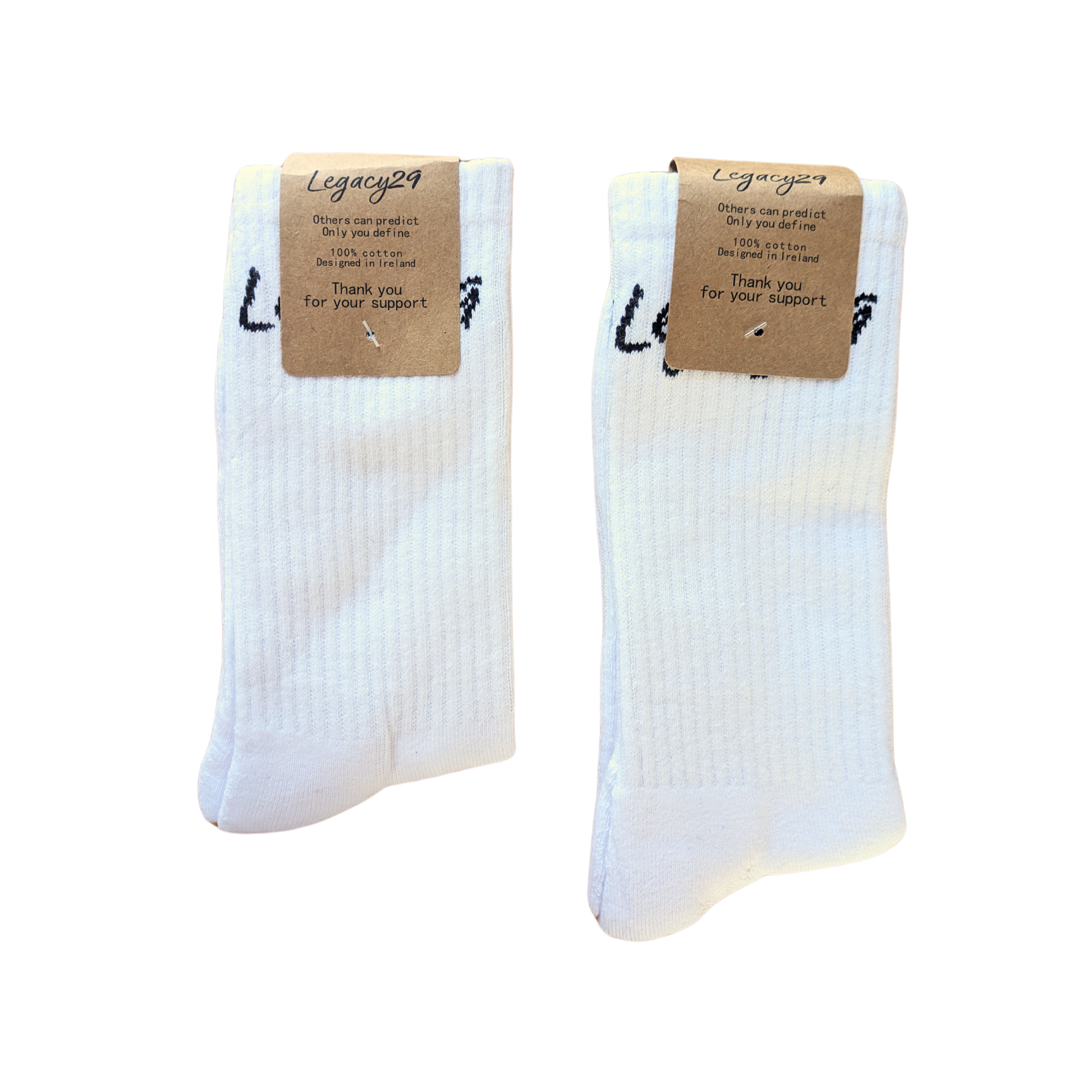 Pair of Legacy29 Resilience Collection white cotton socks with packaging. Soft, breathable fabric with a unisex design for all-day comfort.