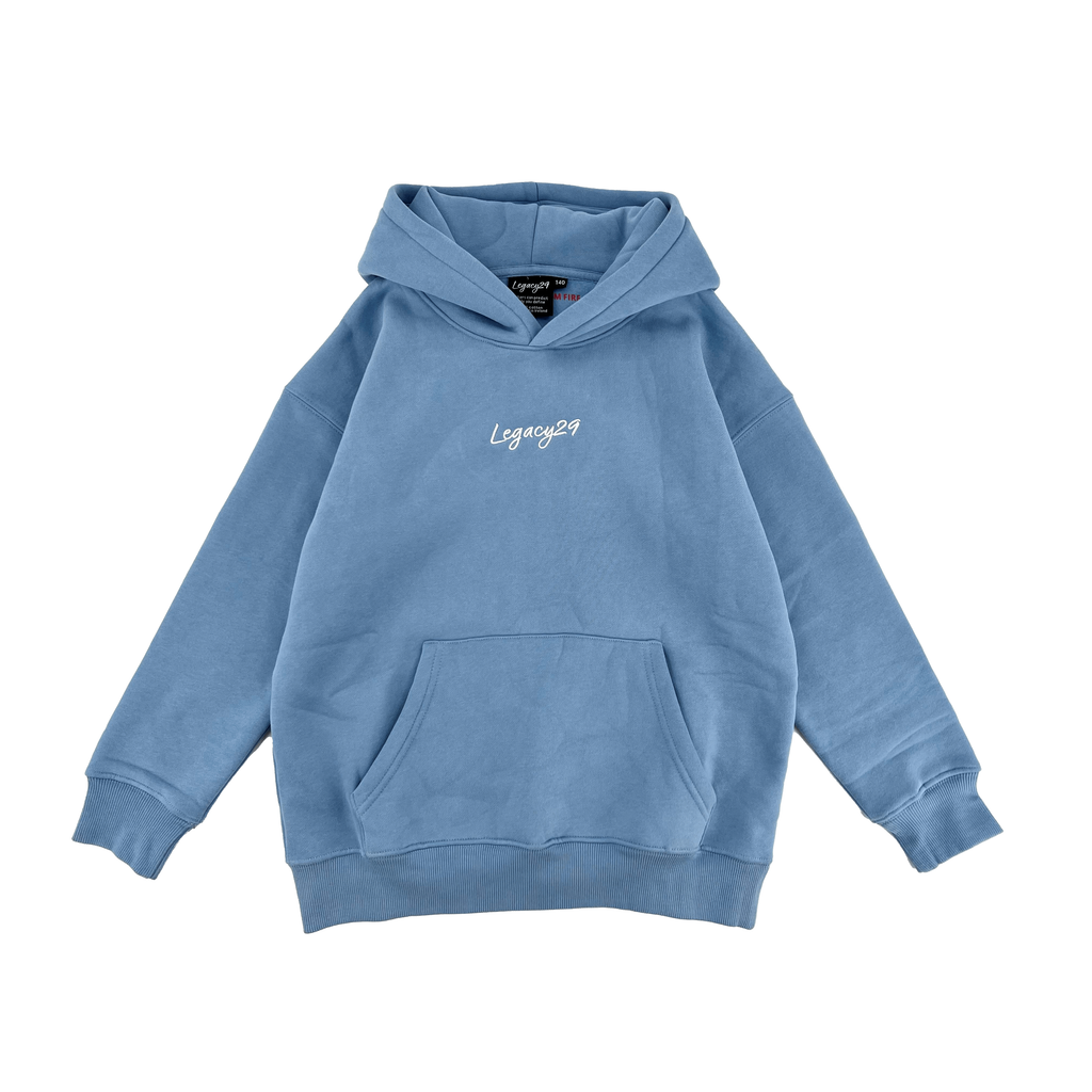 Legacy29 Junior Blue Hoodie featuring soft cotton fabric, front pocket, and embroidered logo. Perfect for cosy and stylish kids' wear.