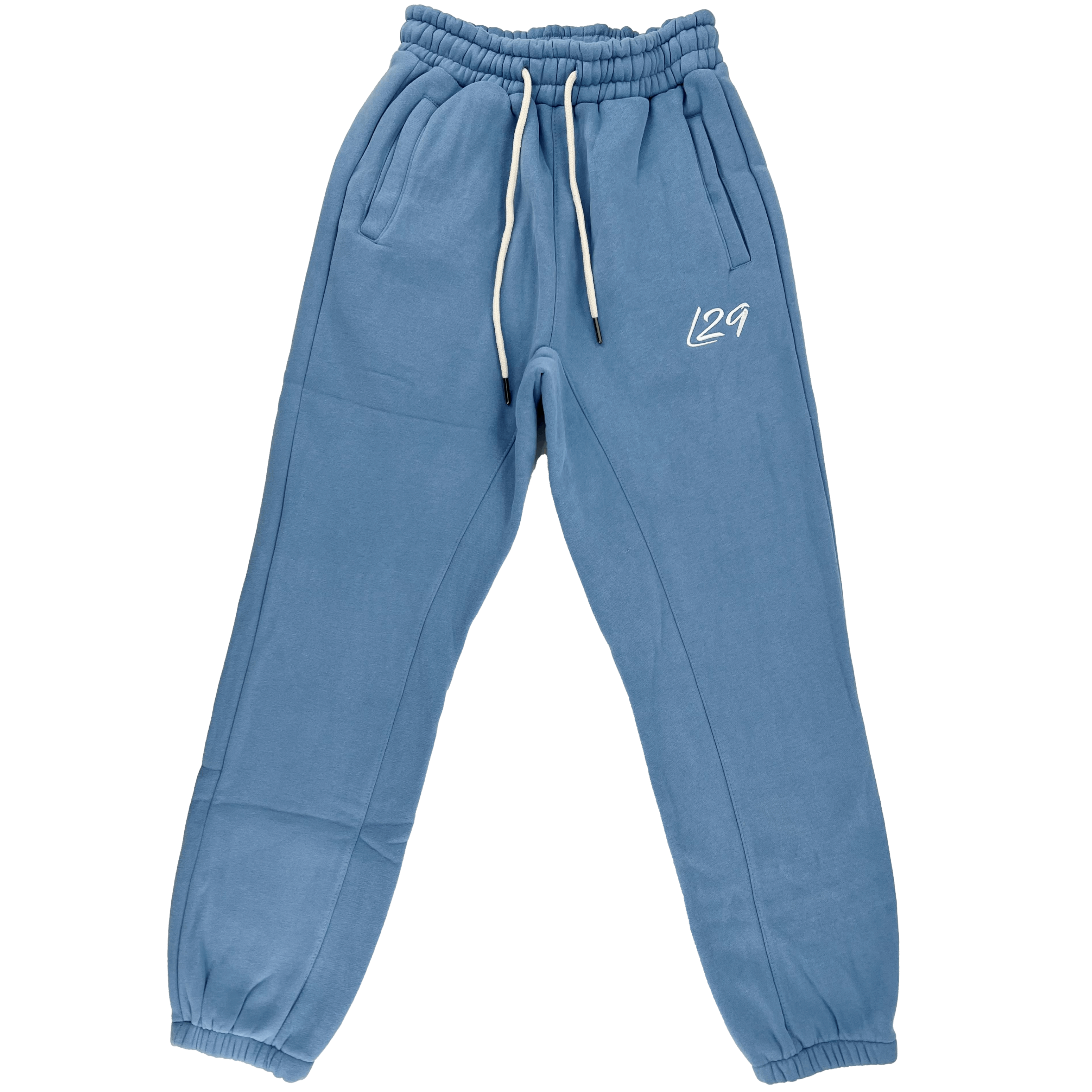 Legacy29 Junior Blue Tracksuit Bottoms with elastic waistband, drawstring, and embroidered L29 logo. Comfortable and stylish for kids.