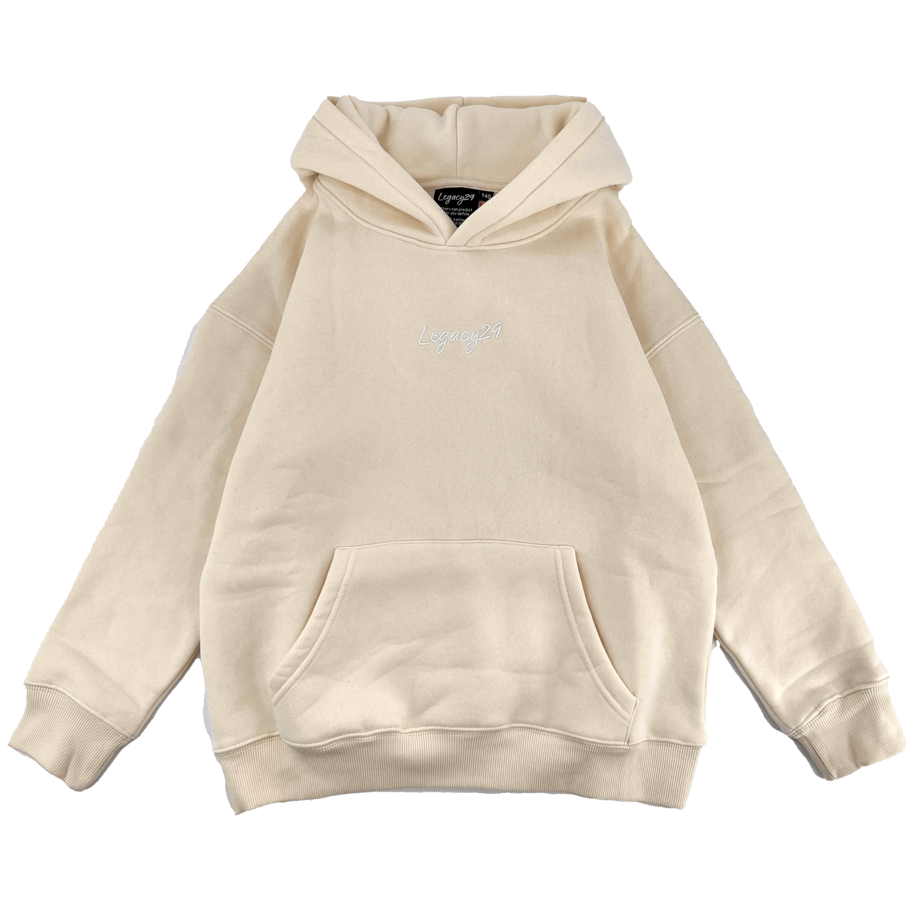 Legacy29 Junior Cream Hoodie with front pocket and embroidered logo. Made from soft cotton for cosy and stylish kids' wear.