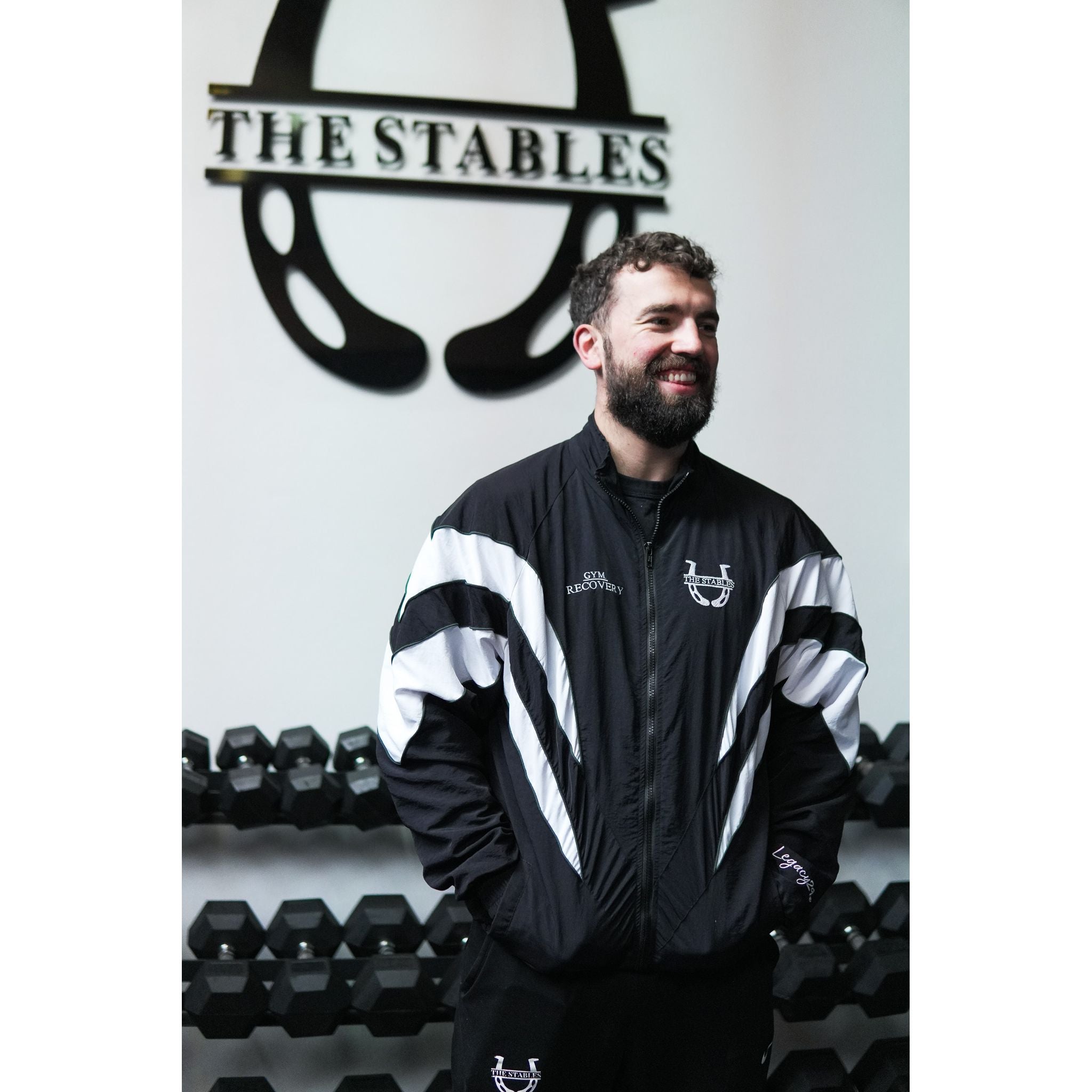 The Stables Track Jacket by Legacy29 | Black, White & Green Trim | Nylon Crinkle