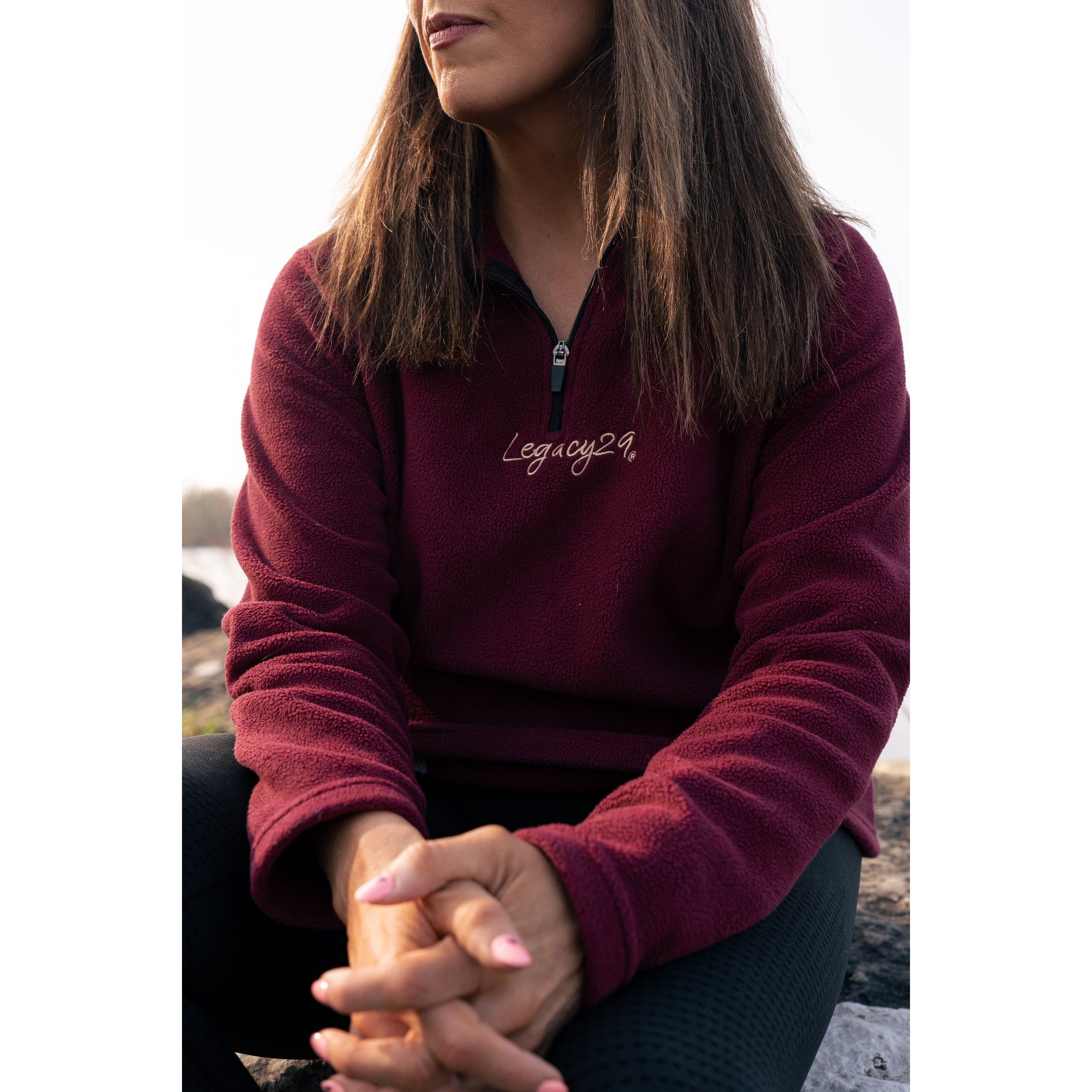 Legacy29 Garnet Red Fearless Fleece with a premium half-zip design, crafted for comfort and mental health awareness. Stylish and empowering statement piece.