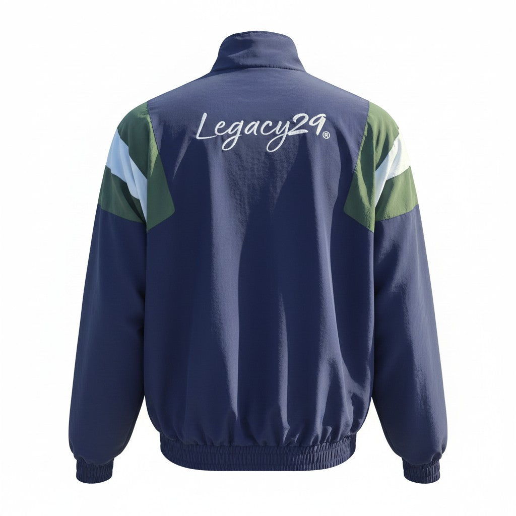 The Legacy29 On Track Jacket | Navy & Green | Nylon Crinkle