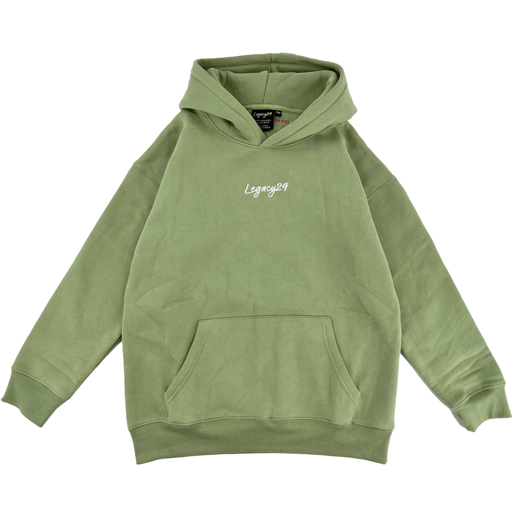 Legacy29 junior khaki green hoodie with front pocket and embroidered logo. Soft cotton fabric for cosy and stylish kids' wear.