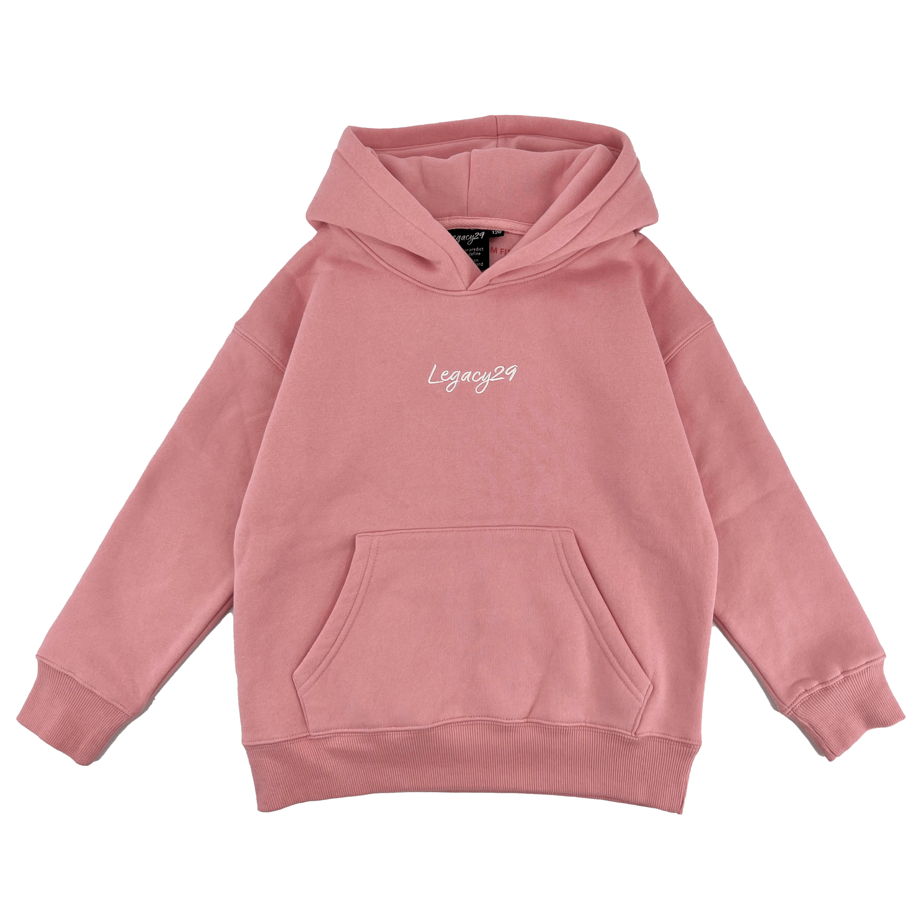 Legacy29 junior pink hoodie with soft cotton fabric and front pocket. Stylish and cosy kids' wear for everyday comfort.