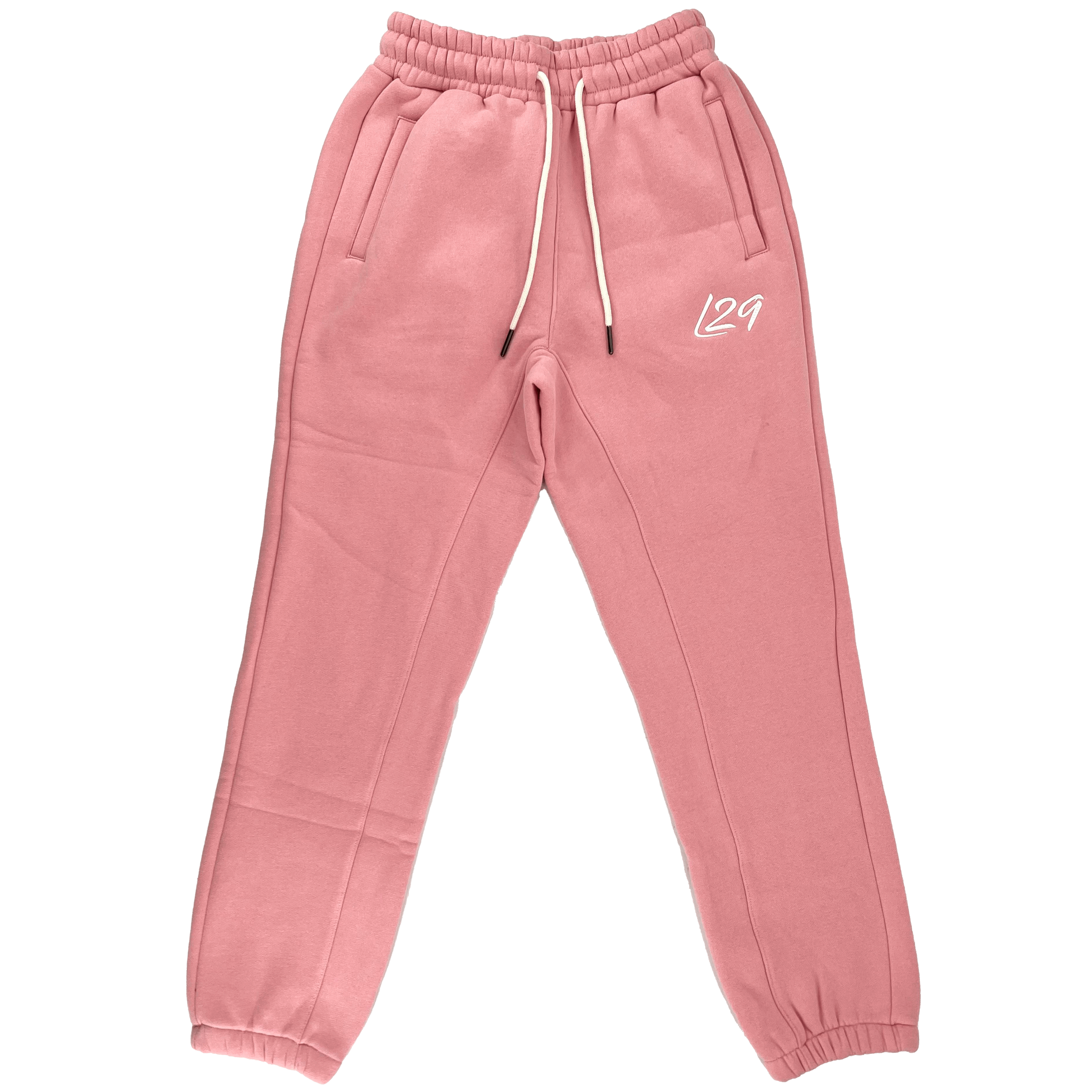 Legacy29 junior pink tracksuit bottoms with elastic waistband and drawstring. Comfortable and stylish kids' apparel.