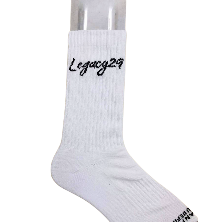 Legacy29 Resilience Collection white cotton socks with black embroidered logo. Comfortable, cushioned sole and stretch fit for daily wear.