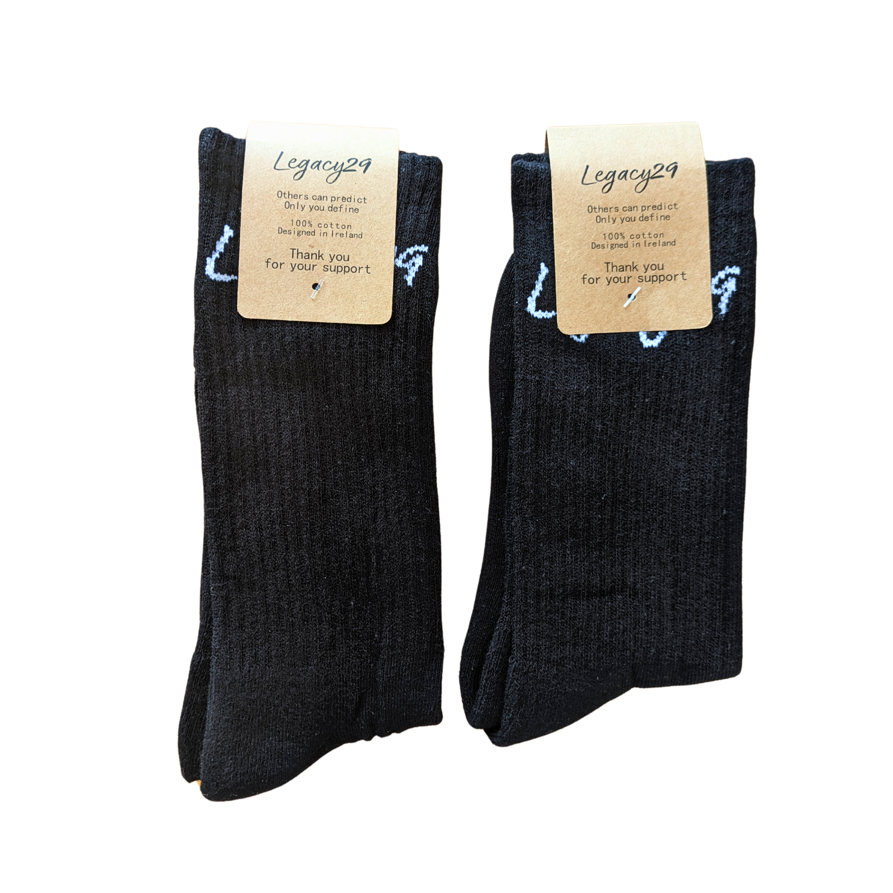 Legacy29 Resilience Collection black socks made from 100% cotton, displayed in pairs with branded tags, ideal for unisex everyday or athletic use.