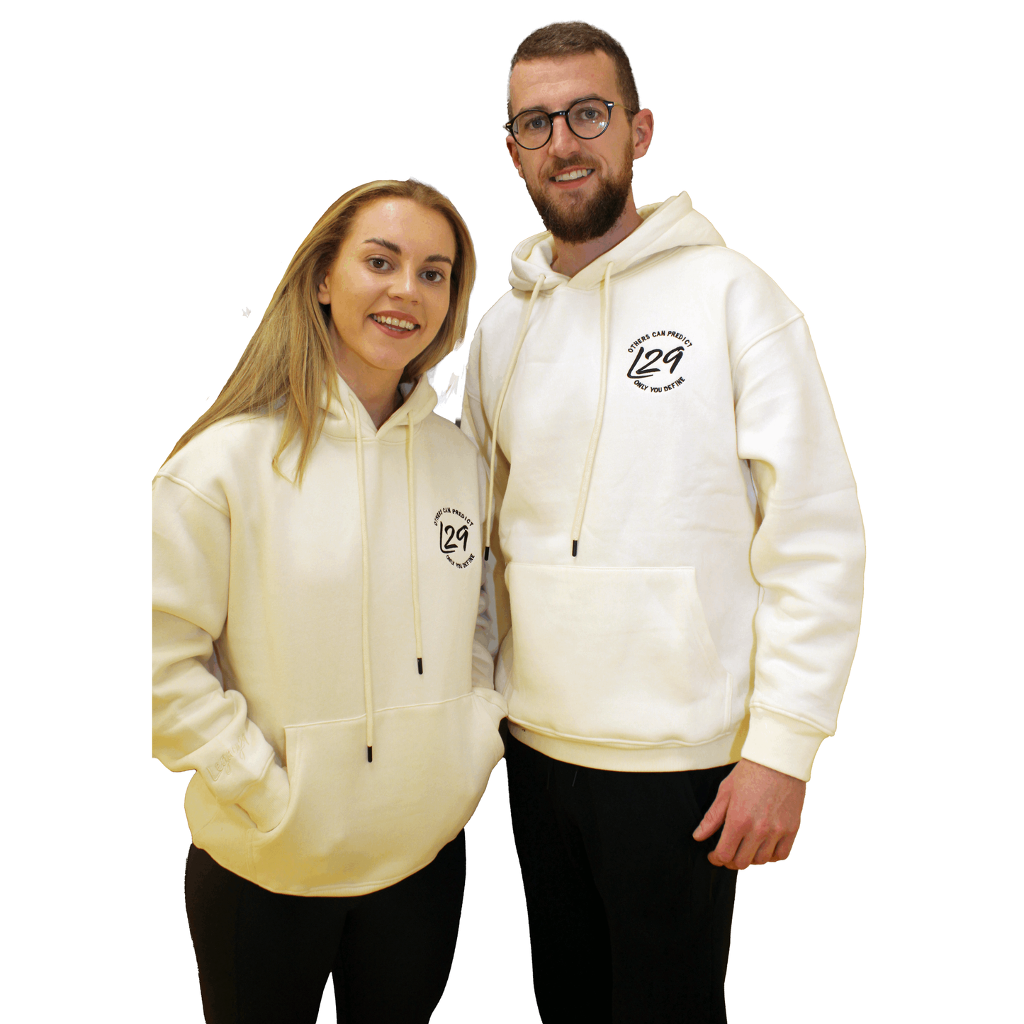 Models wear Legacy29 Cream hoodies in sizes extra small and medium 