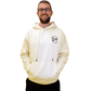 Model wears Legacy29 Cream hoodie in size medium