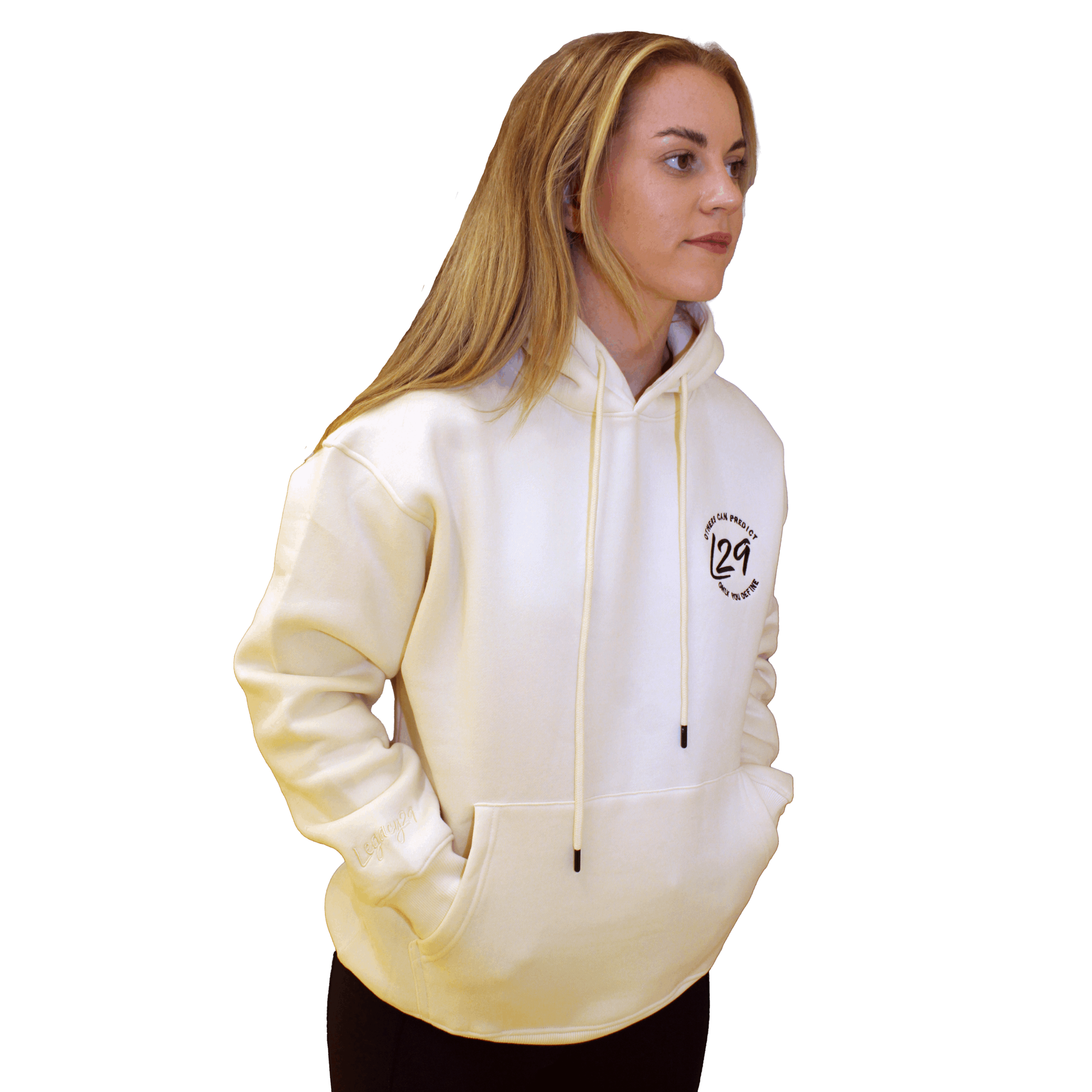 Model wears Legacy29 cream hoodie in size extra small