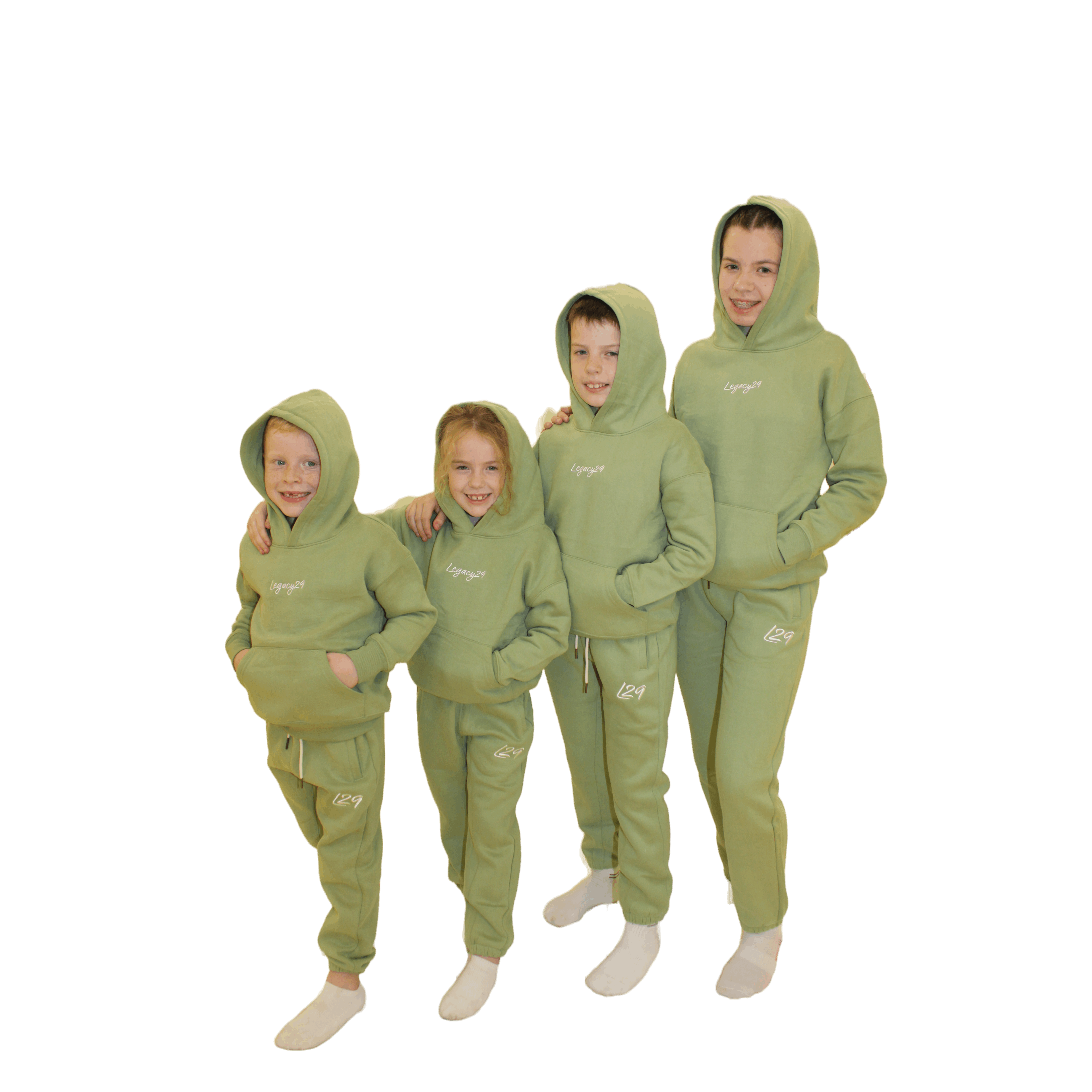 Group of children wearing Legacy29 junior khaki green hoodie and tracksuit bottoms sets. Matching cosy outfits for kids of all ages.