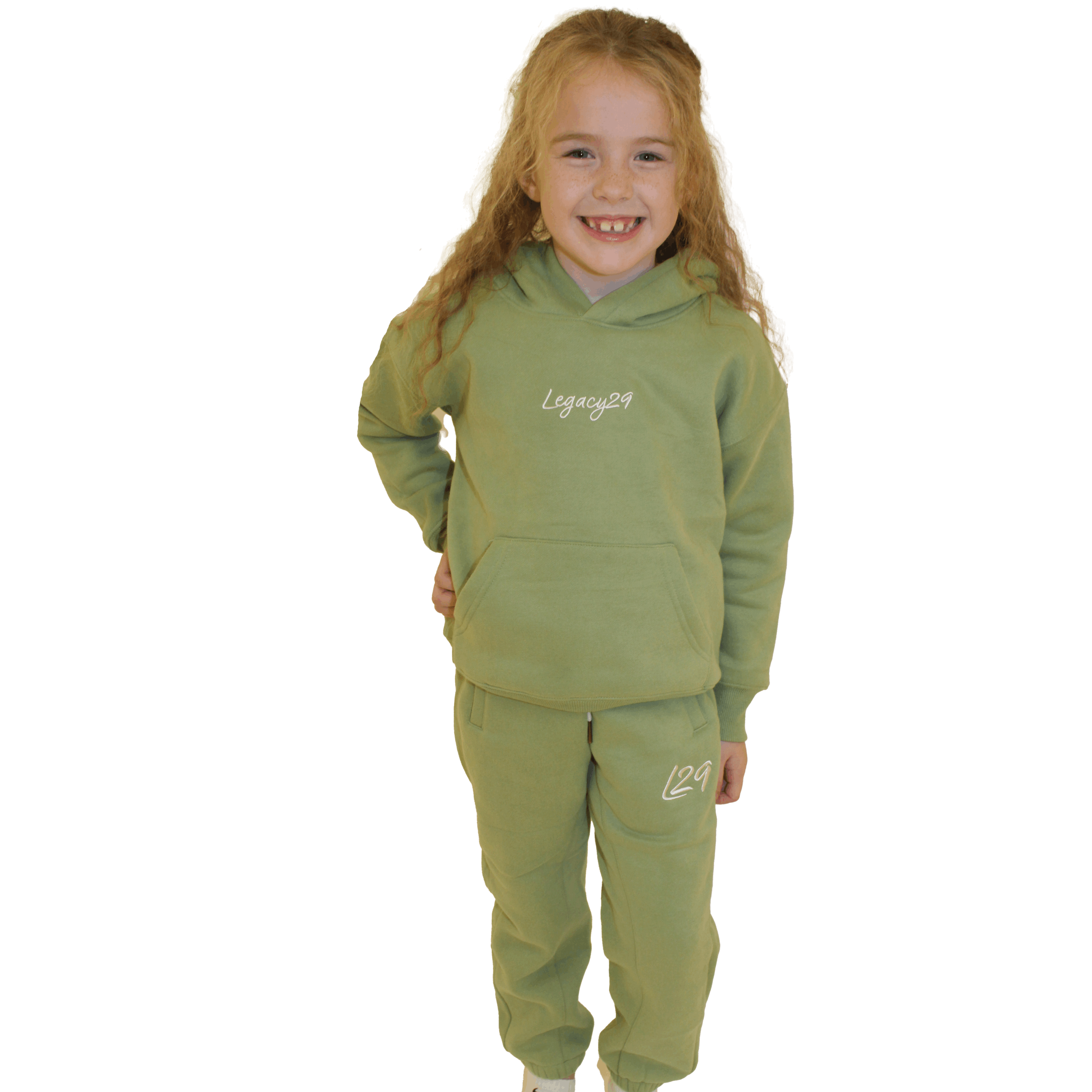 Young girl wearing Legacy29 junior khaki green hoodie and tracksuit bottoms set. Soft, cosy, and perfect for everyday wear.