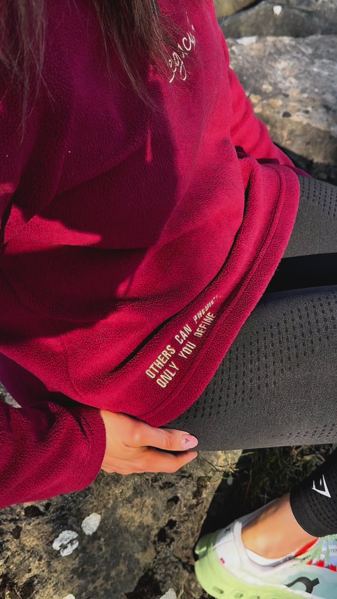 Legacy29 Garnet Red Fearless Fleece highlighting its motivational embroidery and soft fleece fabric. A stylish statement for mental health awareness.