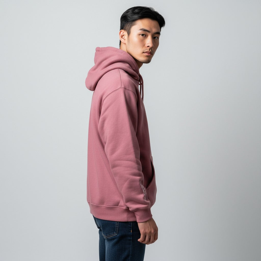 Person wearing a red hoodie on a plain background