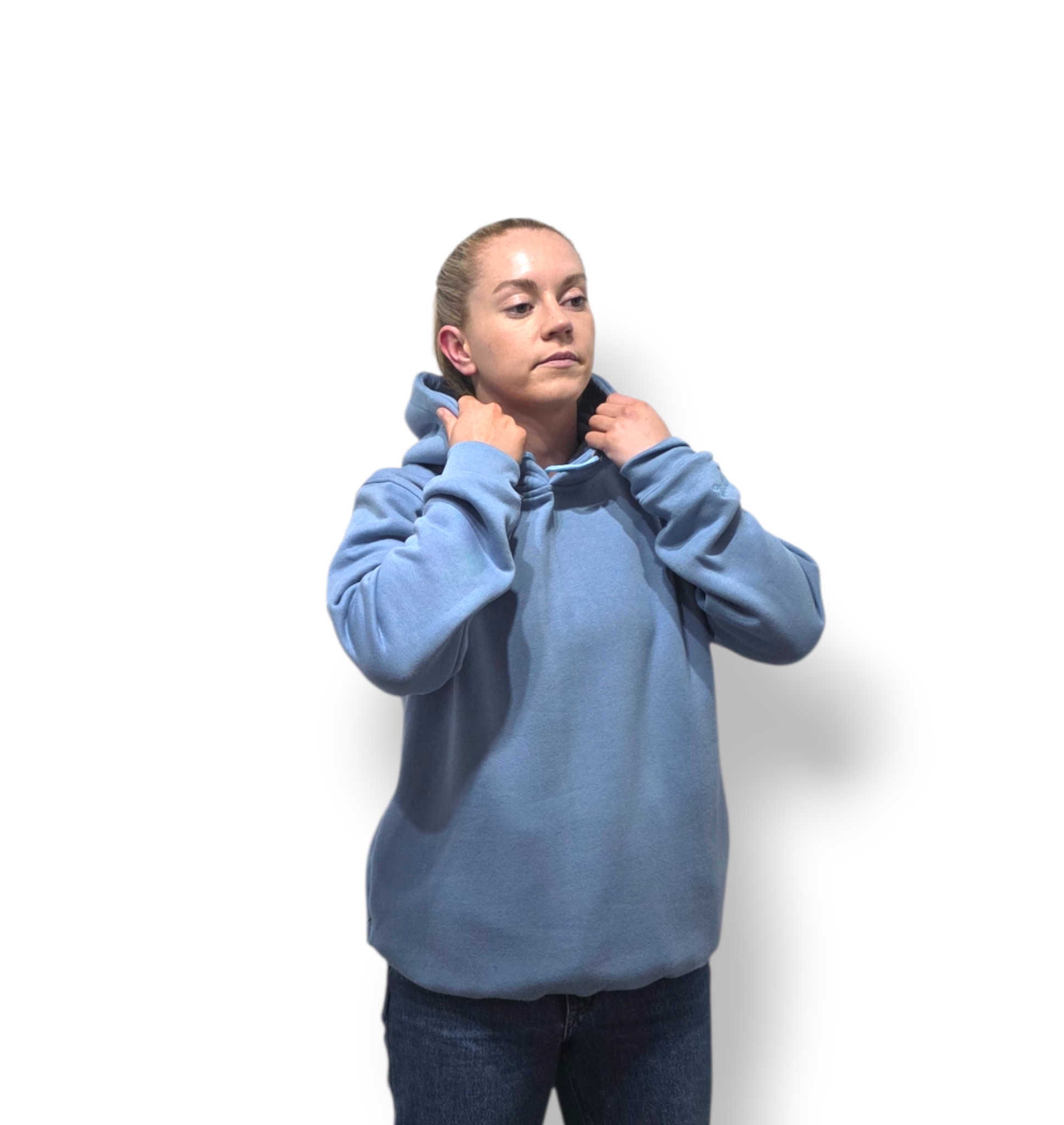 Person wearing a blue hoodie against a white background