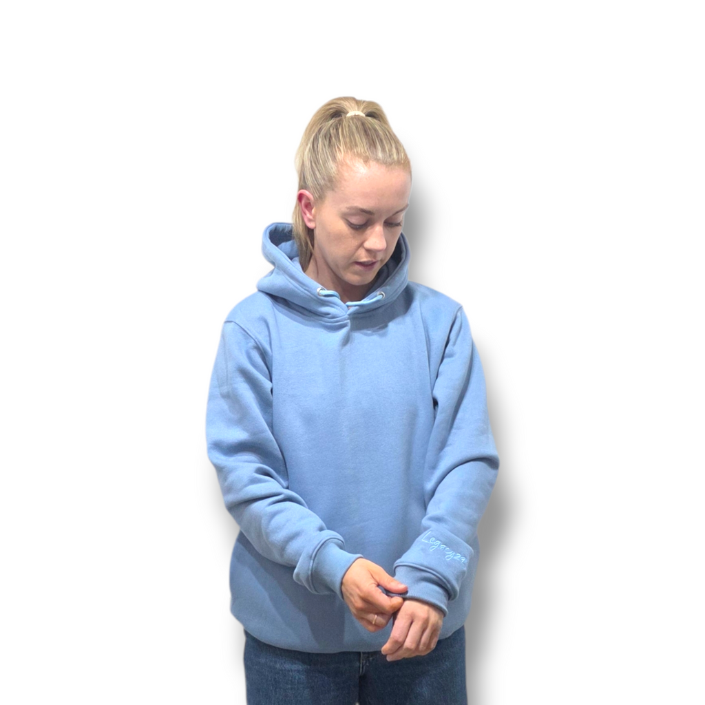 Person wearing a light blue hoodie against a white background