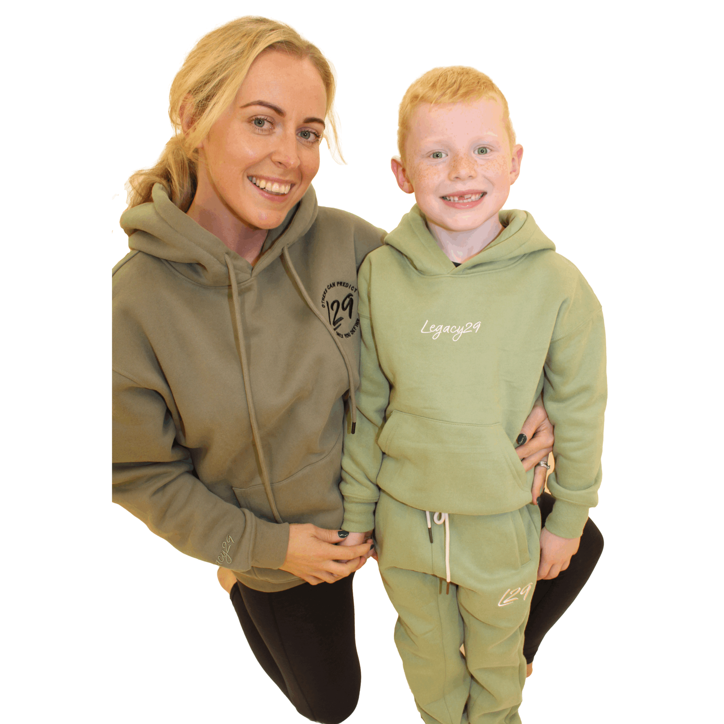 Models wear Legacy29 Khaki green hoodie and green junior set in size extra small and 5-6