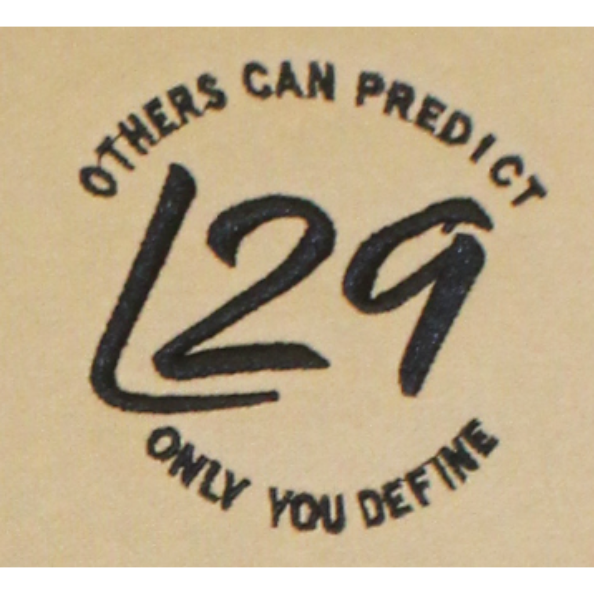 L29 embroidered logo on chest with slogan "Others can predict, only you define" of beige jumper in black font