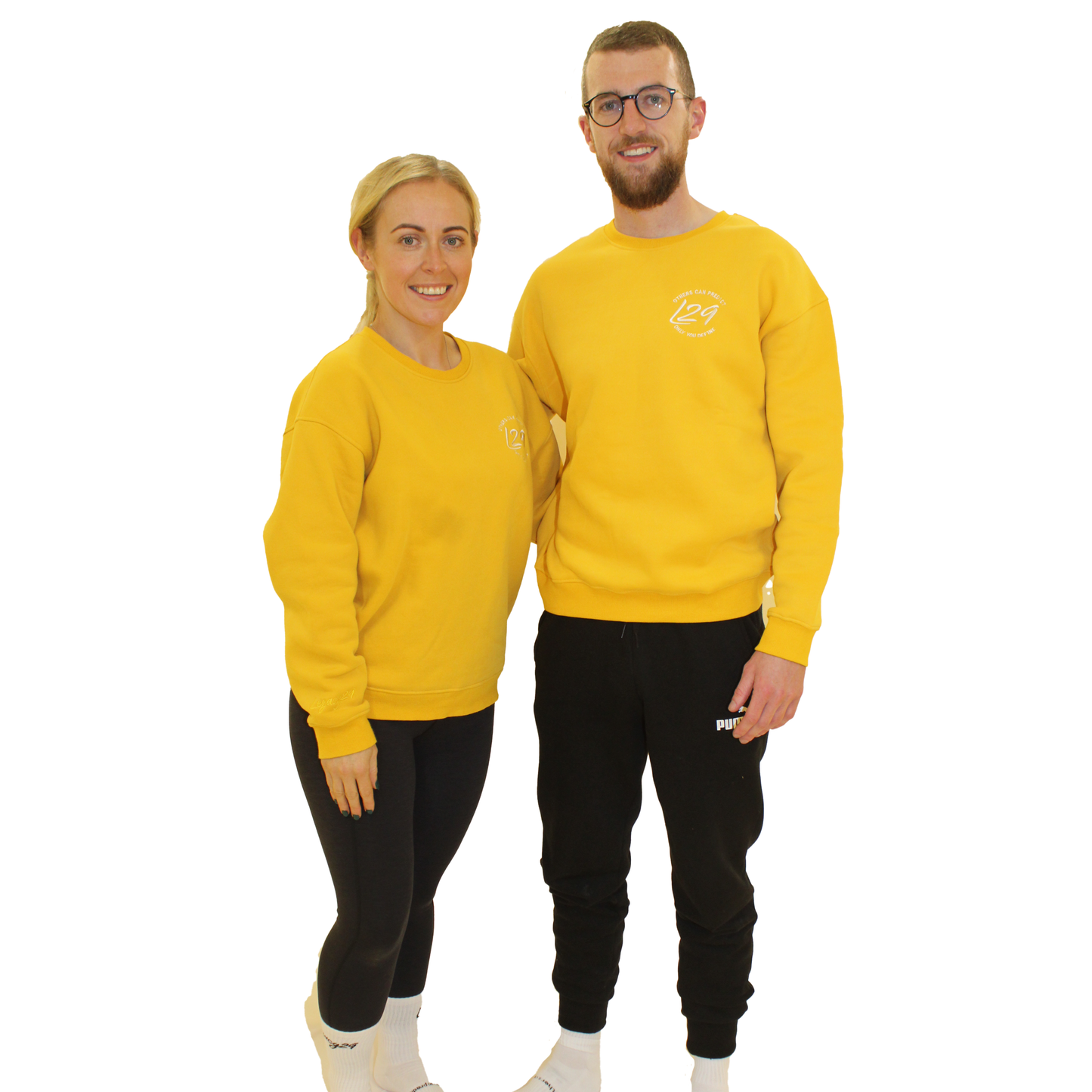 Models wear Legacy29 Yellow Jumpers in sizes extra small and medium