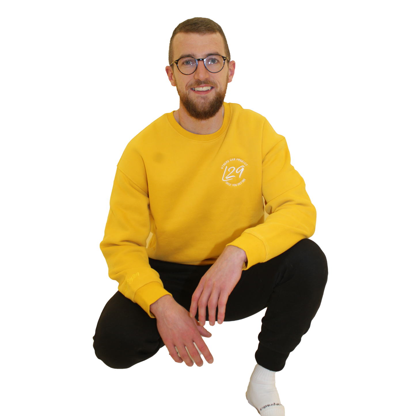 Model wears Legacy29 Yellow Jumper in size medium