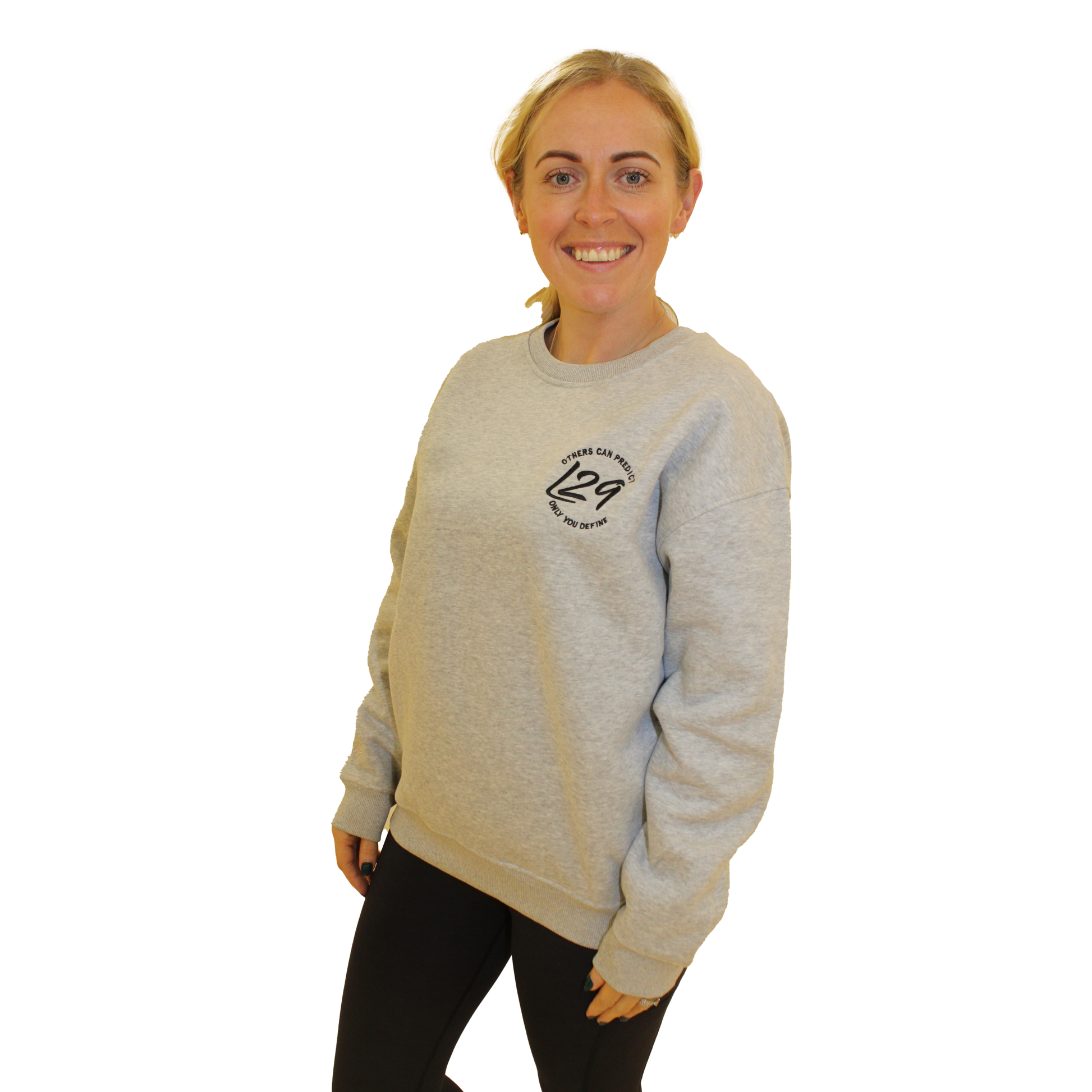 Model wears Legacy29 Grey jumper in extra small