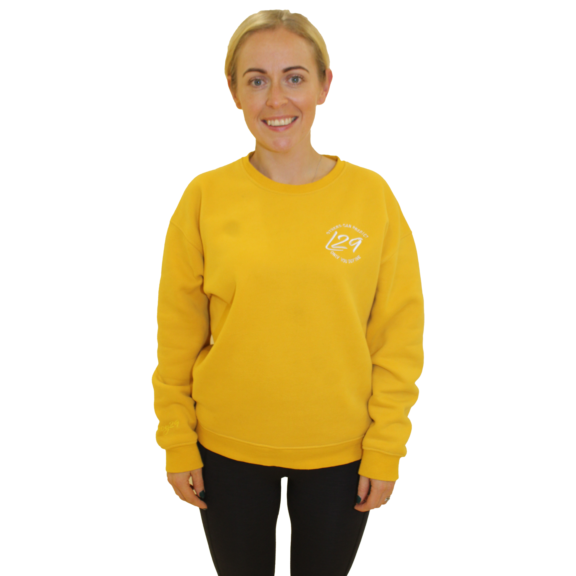 Model wears Legacy29 Yellow Jumper in size extra small