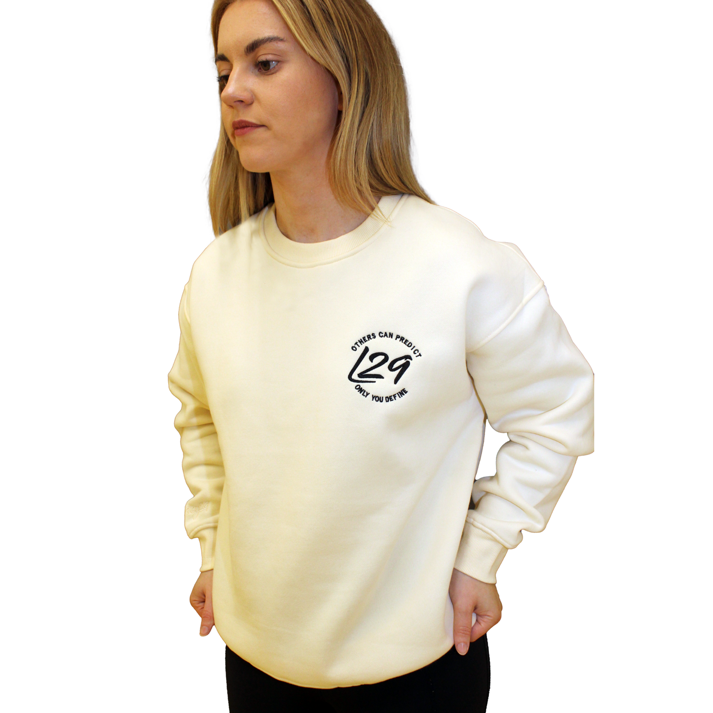 Model wears Legacy29 Cream Jumper in size extra small