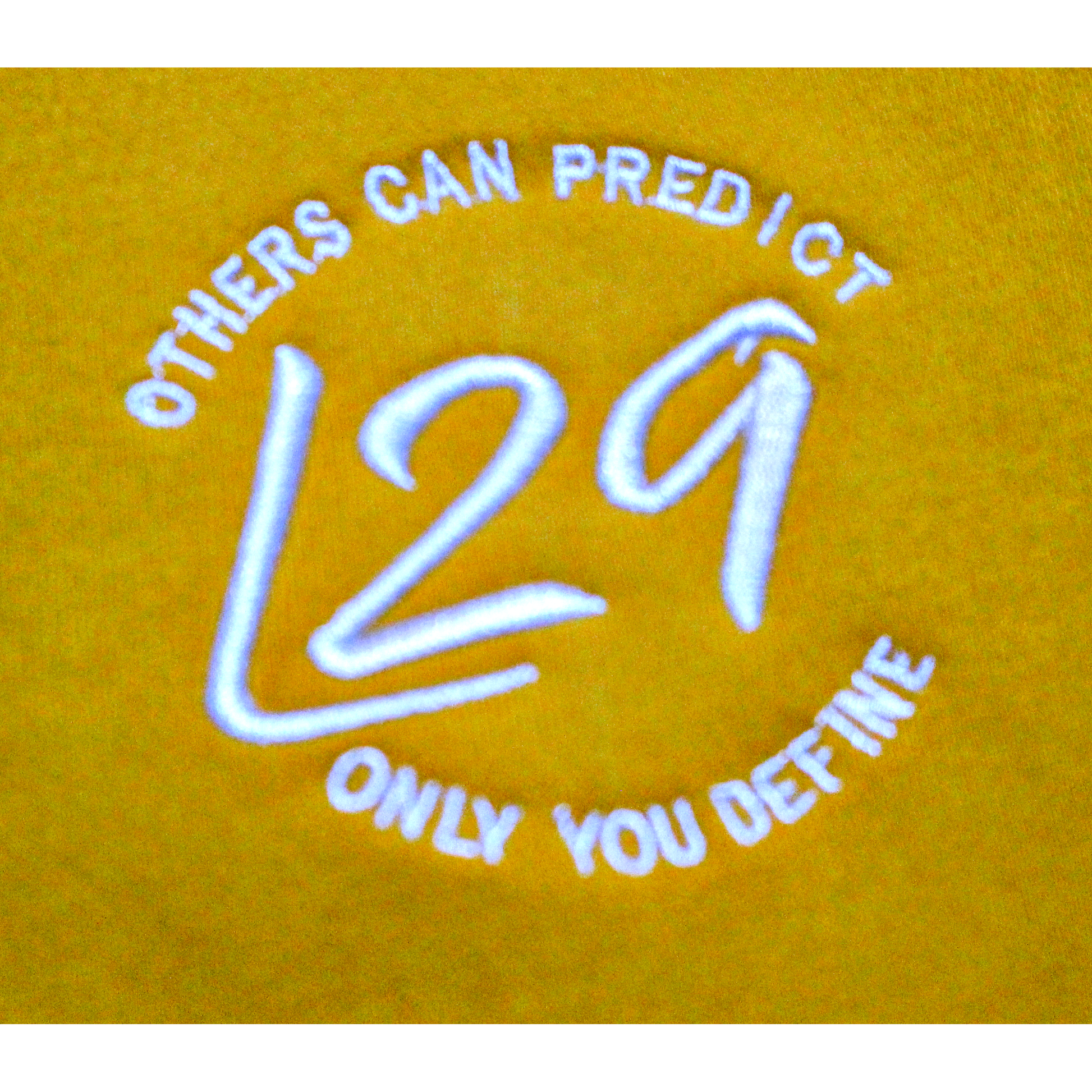 L29 embroidered logo on chest with slogan "Others can predict, only you define" on yellow jumper